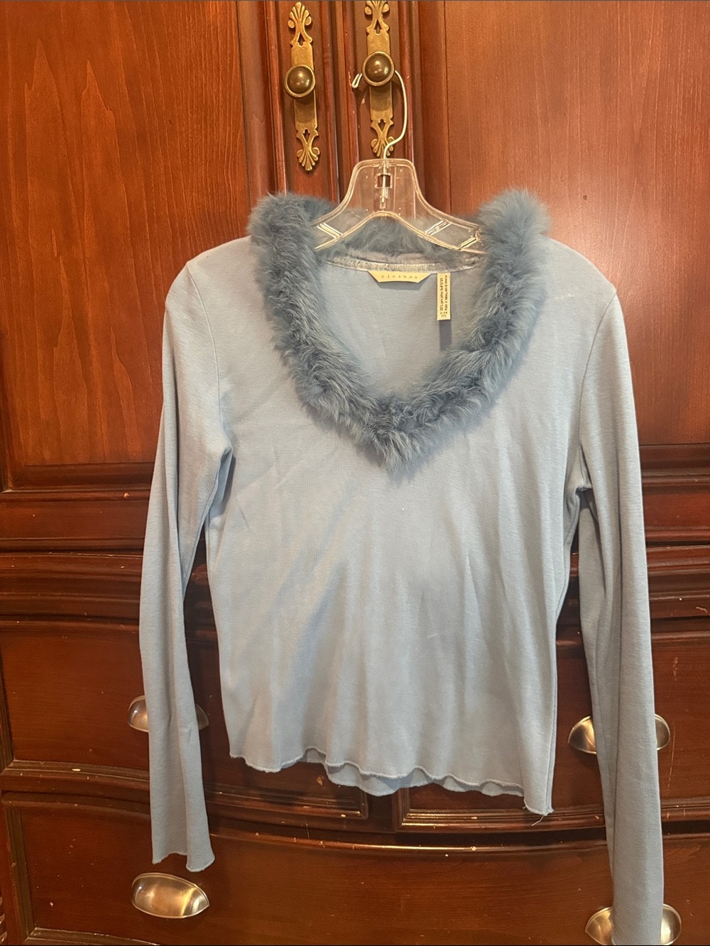 Blue Faux-Fur Trim V-Neck Long Sleeve Top